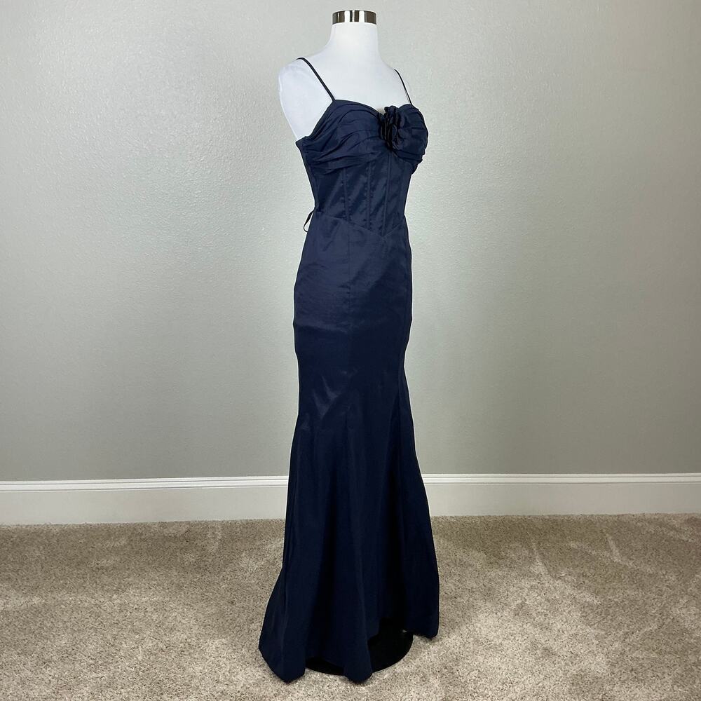 Blondie Nites Navy Blue Evening Gown Satin Lace Up Formal Mermaid Dress Size 7 - Picture 4 of 12